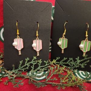 Sporty Pink or Green Striped Pickel Ball Earrings